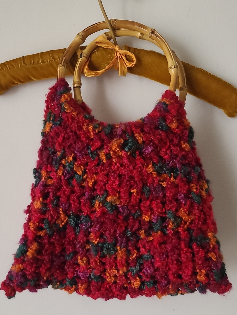 Handcrafted Red Multicolor Knit Tote with Bamboo Handles